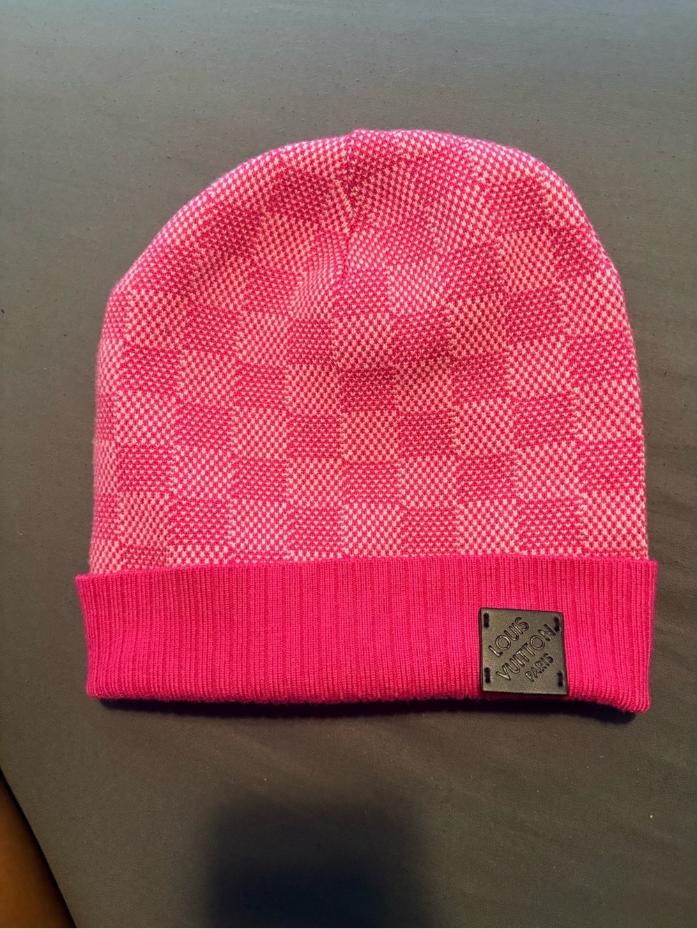 Louis Vuitton Pink Checker Knit Kids Beanie with Logo Patch
